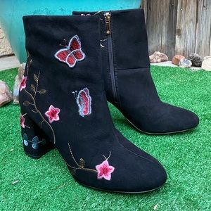 Nanette Lepore Black Ankle Boots with Embroidered Floral and Butterfly Design